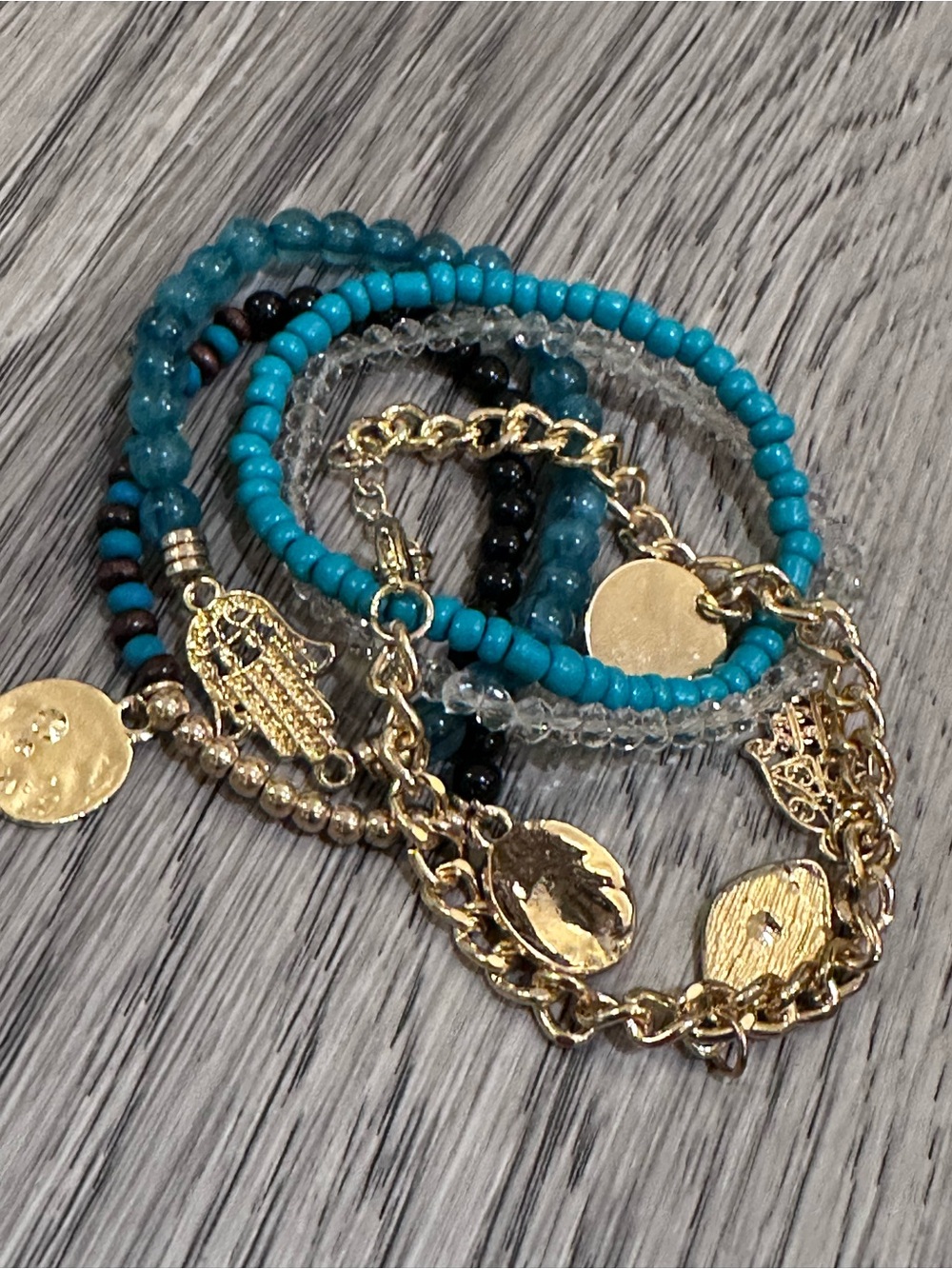 Layered Turquoise Bead & Gold Charm Bracelet Set